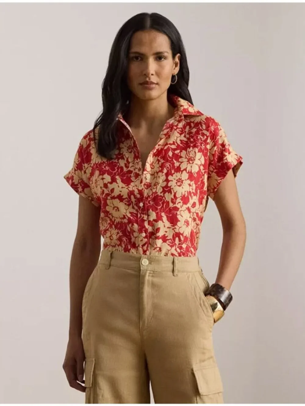 NWT Lauren Ralph Lauren Floral Linen Button Front Shirt Red Tan Size S - Picture 1 of 7